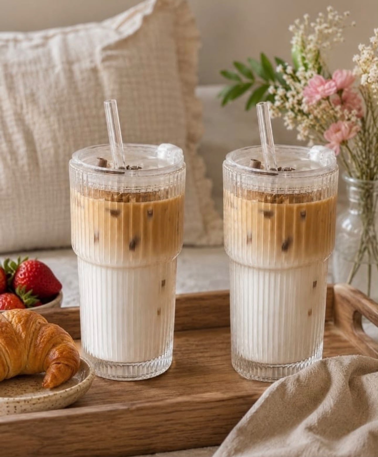 Vaso de Vidrio con Tapa y Sorbete